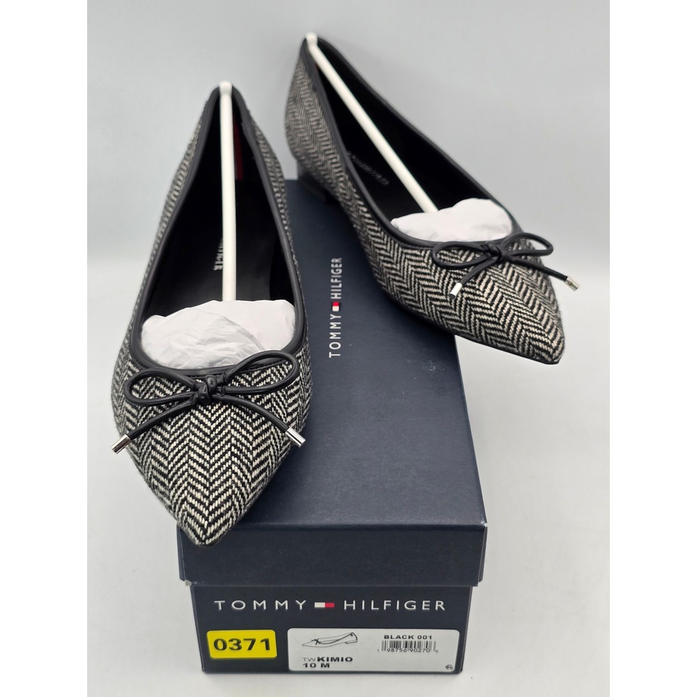 Tommy Hilfiger Kimio Flats Womens 10 Black Herringbone Bow Pointed Toe - New